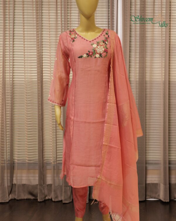 Peach with Floral Embroidery Mul Chanderi Kurta Set