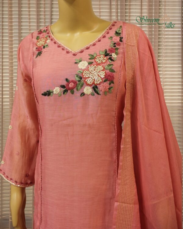 Peach with Floral Embroidery Mul Chanderi Kurta Set - Image 2