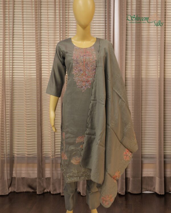 Grey & Pink with Embroidery & Zircon work Kurta Set