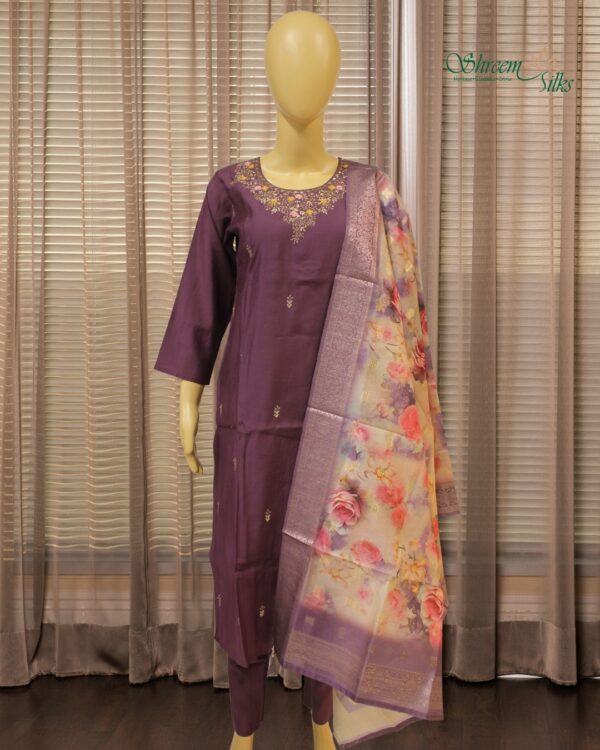Wine with Yellow & Pink Thread Embroidery with Sequence work Kurta Set