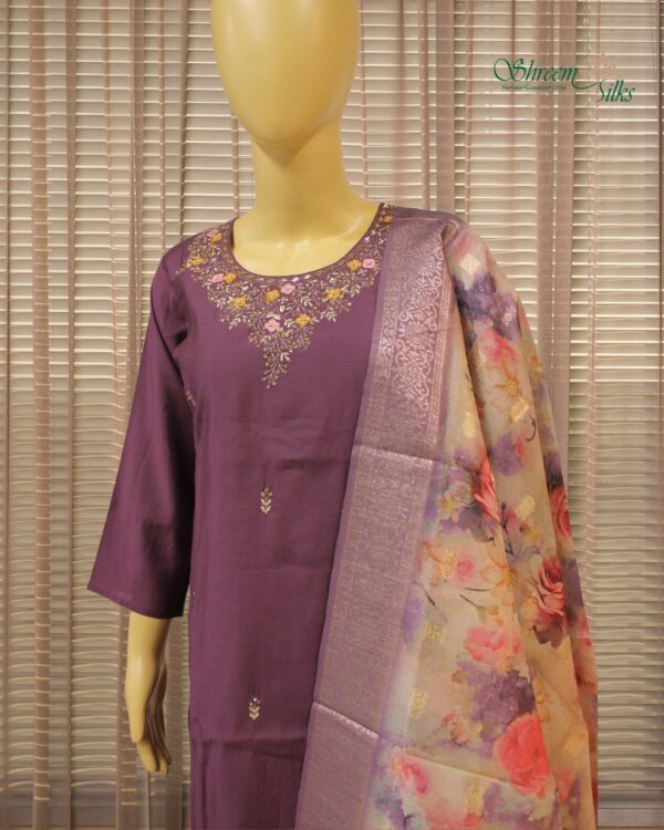 Wine with Yellow & Pink Thread Embroidery with Sequence work Kurta Set - Image 2