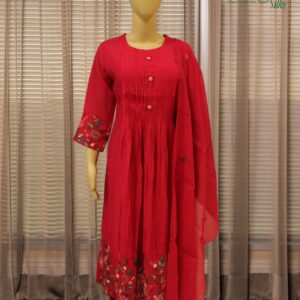 Fuchsia Pink with Multicolour Thread Katha work Anarkali Kurta Set