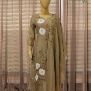 Khaki with White Floral Aplique Work A-Line Kurta Set