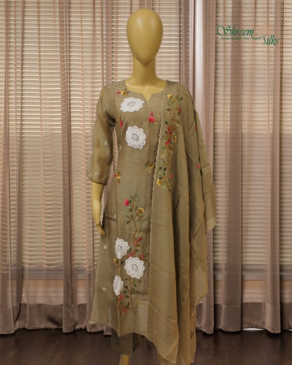 Khaki with White Floral Aplique Work A-Line Kurta Set
