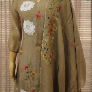 Alternative view of Khaki with White Floral Aplique Work A-Line Kurta Set