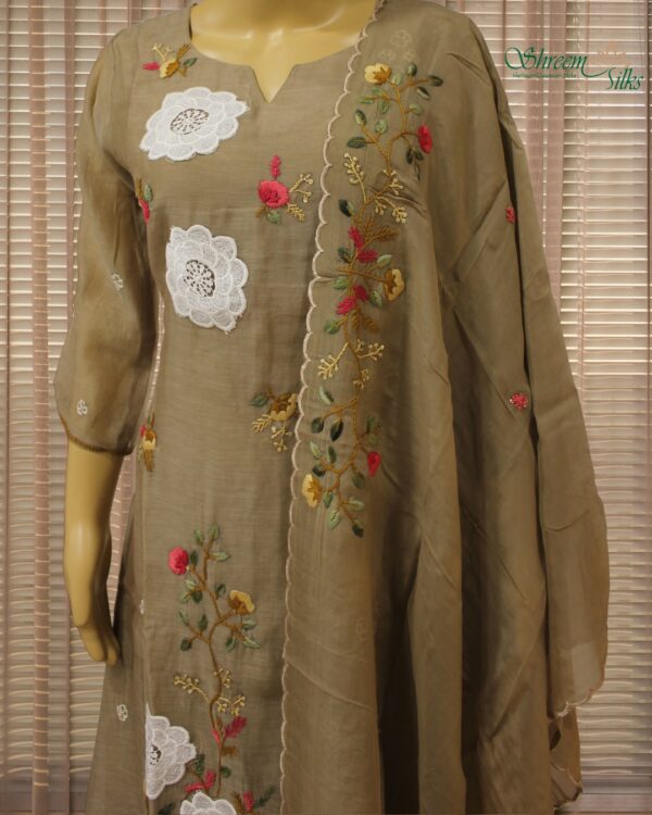 Khaki with White Floral Aplique Work A-Line Kurta Set - Image 2