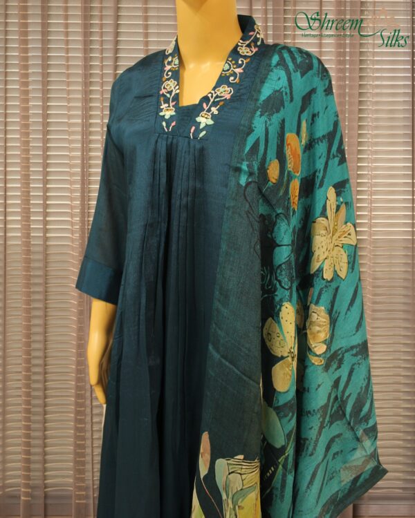 Peacock Blue with Beads works on Neckline Anarkali Kurta Set - Image 2