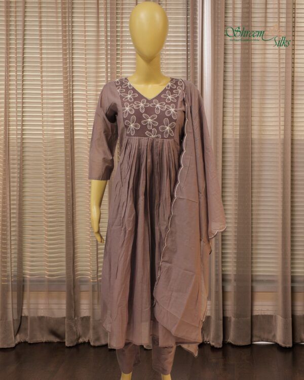 Brown with White Thread and Beads Work Anarkali Kurta Set