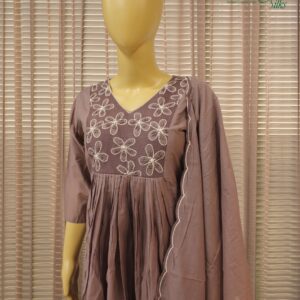 Alternative view of Brown with White Thread and Beads Work Anarkali Kurta Set