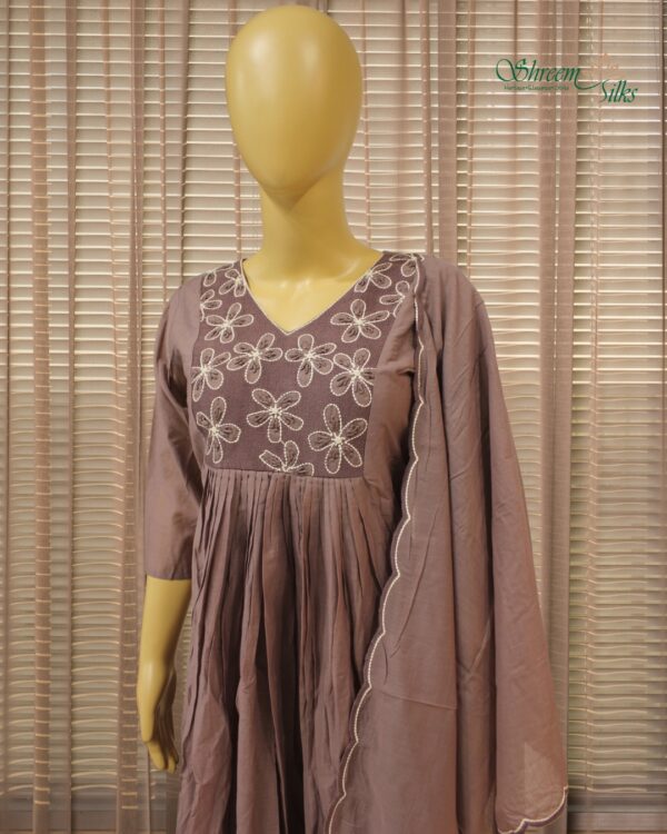 Brown with White Thread and Beads Work Anarkali Kurta Set - Image 2
