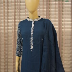 Blue Mandarin Neck with White Thread Work Kurta Set