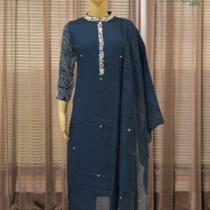 Alternative view of Blue Mandarin Neck with White Thread Work Kurta Set