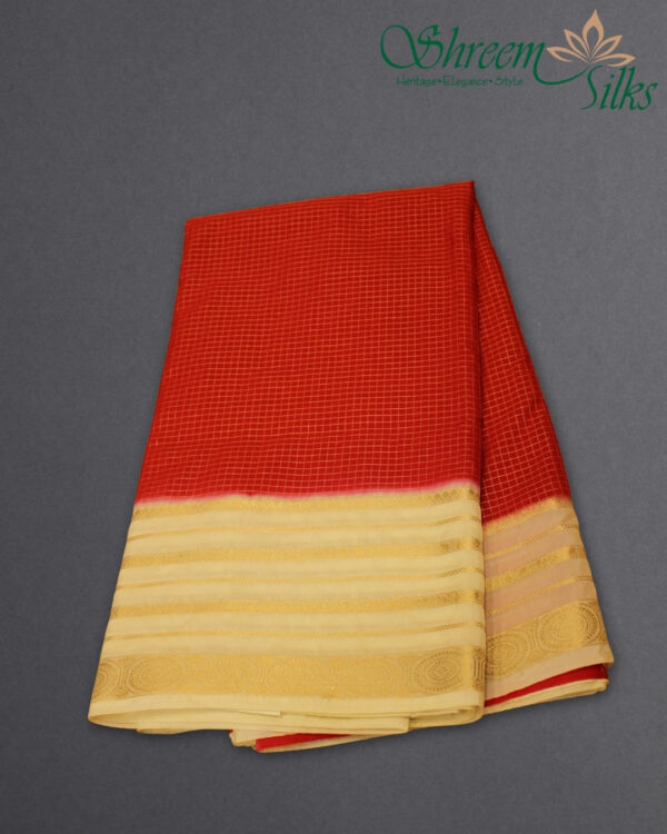 Zari Woven Small Checks with Rudraksh Border Semi Mysore Crepe Saree - Image 3