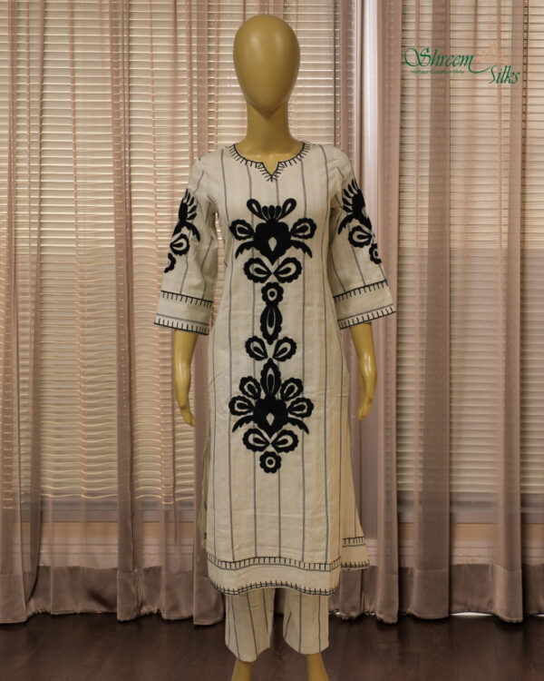 Off White with Black Floral Motifs Cord Set - Image 2