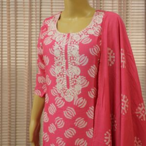 Alternative view of Pink with White Prints & Embroidery on Neck Line Kurta Set