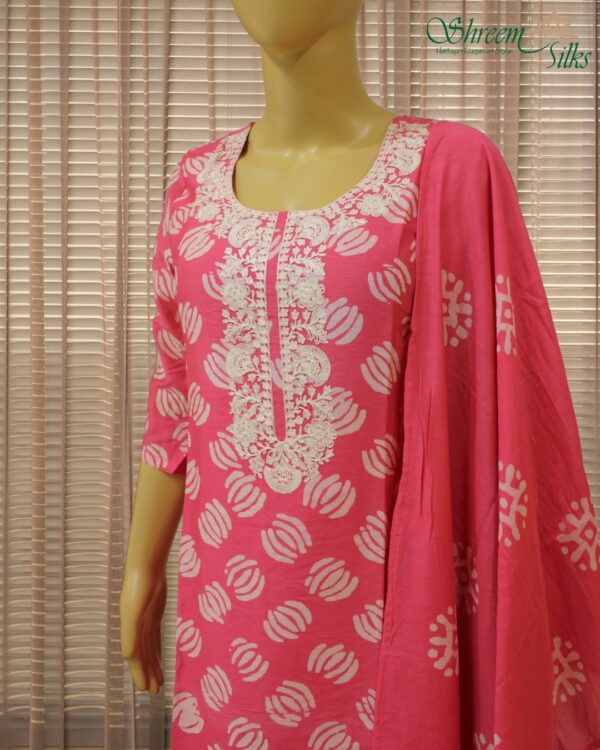 Pink with White Prints & Embroidery on Neck Line Kurta Set - Image 2