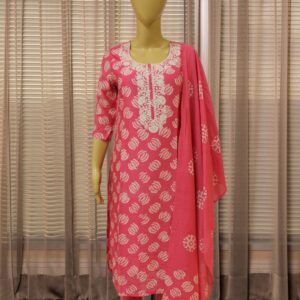 Pink with White Prints & Embroidery on Neck Line Kurta Set