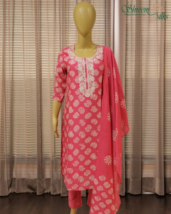 Pink with White Prints & Embroidery on Neck Line Kurta Set