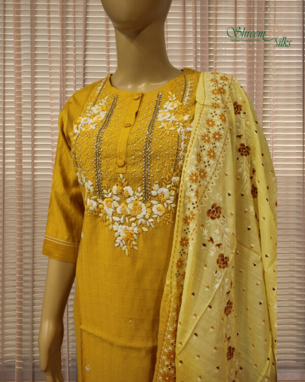 Mustard with Floral Embroidery & Cut Dana work Kurta Set - Image 2