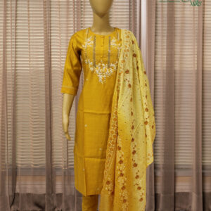 Mustard with Floral Embroidery & Cut Dana work Kurta Set