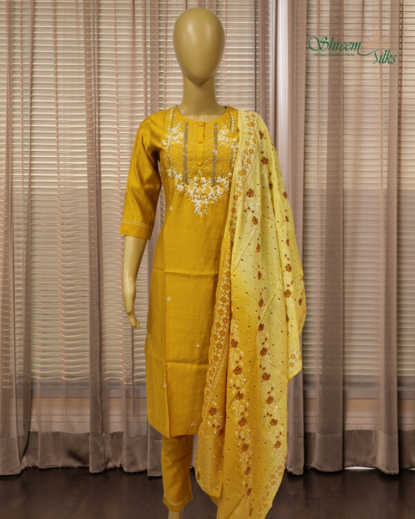 Mustard with Floral Embroidery & Cut Dana work Kurta Set
