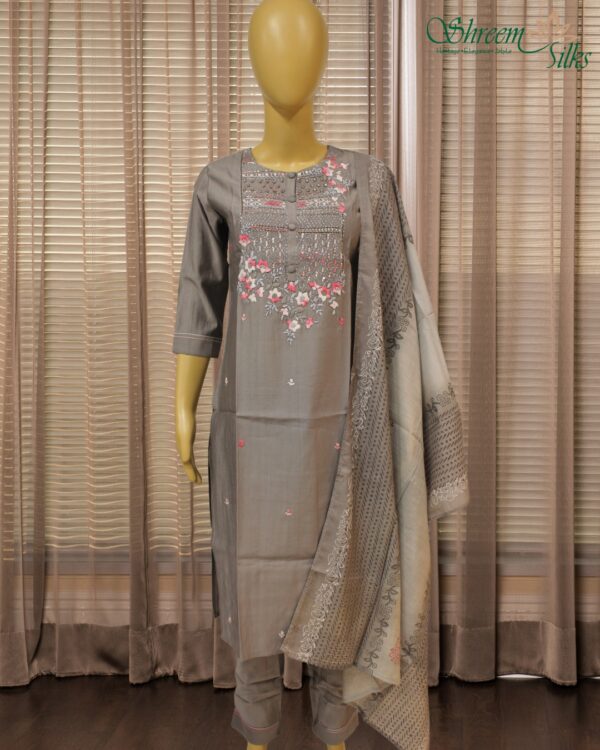Grey with Pink Floral Embroidey Kurta Set