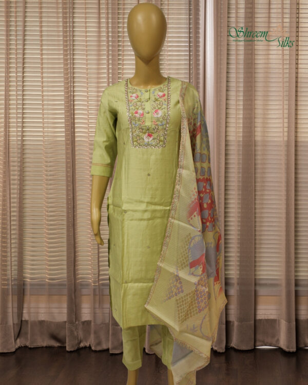 Pista Green with Floral Embroidery & Cut Dana work Kurta Set