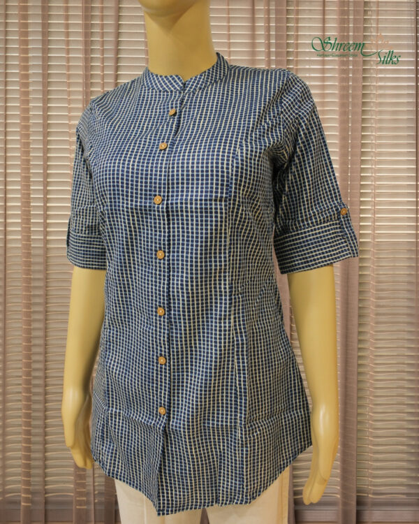 Blue & Check Printed Short Kurti