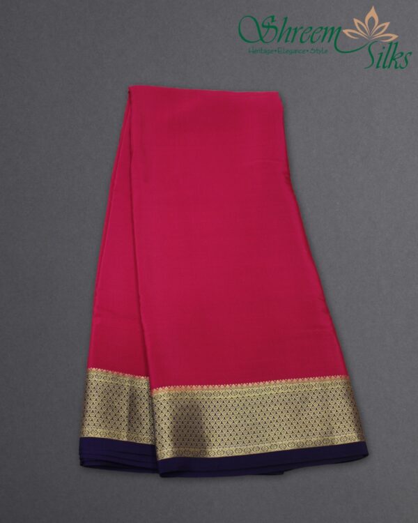 Rani Pink with Indigo Border Pure Mysore Crepe Silk Saree