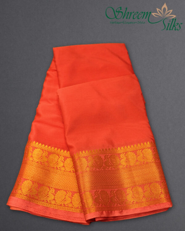 Peacock Double Border Semi Mysore Crepe Saree - Image 2