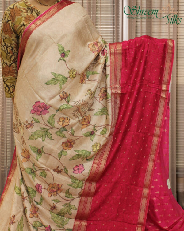 Pink with Kalamkari Digital Prints Semi Mysore Crepe Saree