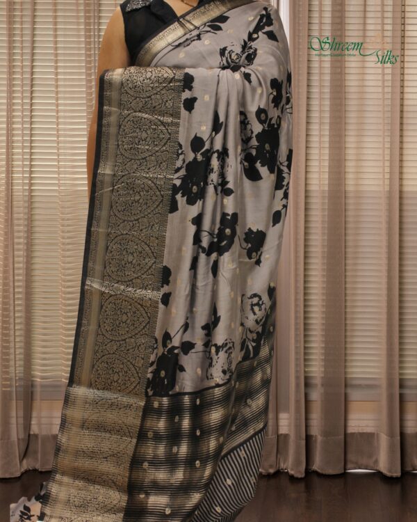 Floral Prints with Zari Woven Buttas Viscose Assam Silk Sarees - Image 3