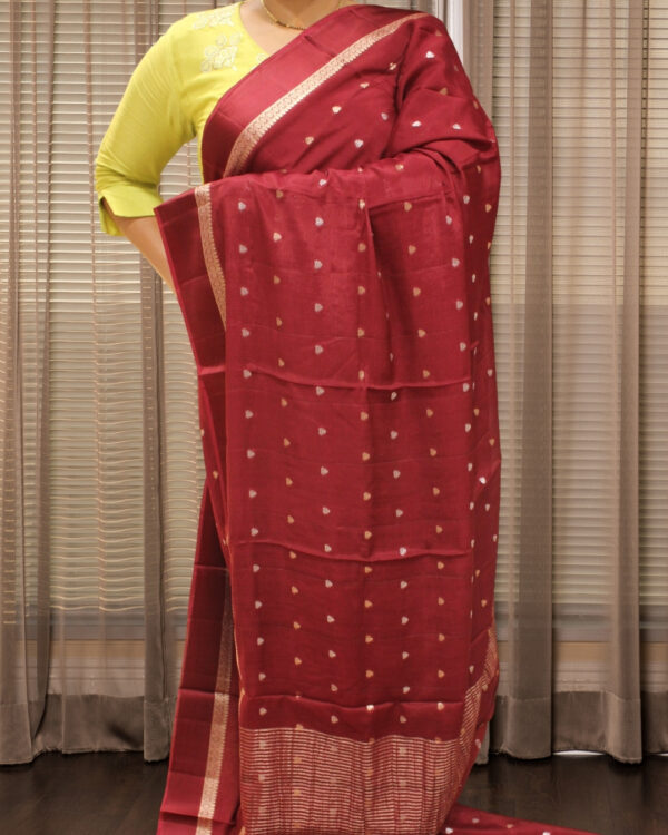 Gold & Silver Zari Woven Buttas with Satin Border Chinnon Crepe Saree - Image 2