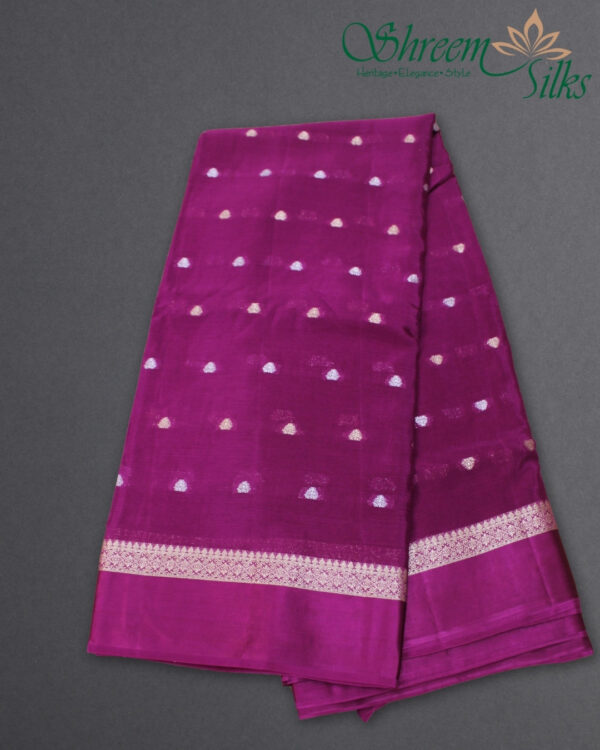 Gold & Silver Zari Woven Buttas with Satin Border Chinnon Crepe Saree - Image 3
