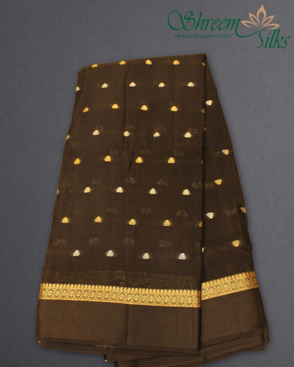 Gold & Silver Zari Woven Buttas with Satin Border Chinnon Crepe Saree - Image 5