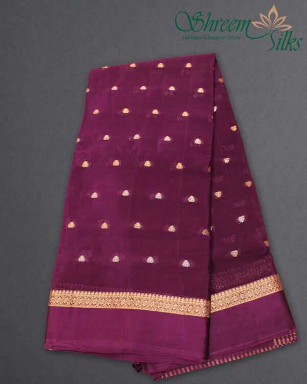 Gold & Silver Zari Woven Buttas with Satin Border Chinnon Crepe Saree - Image 7