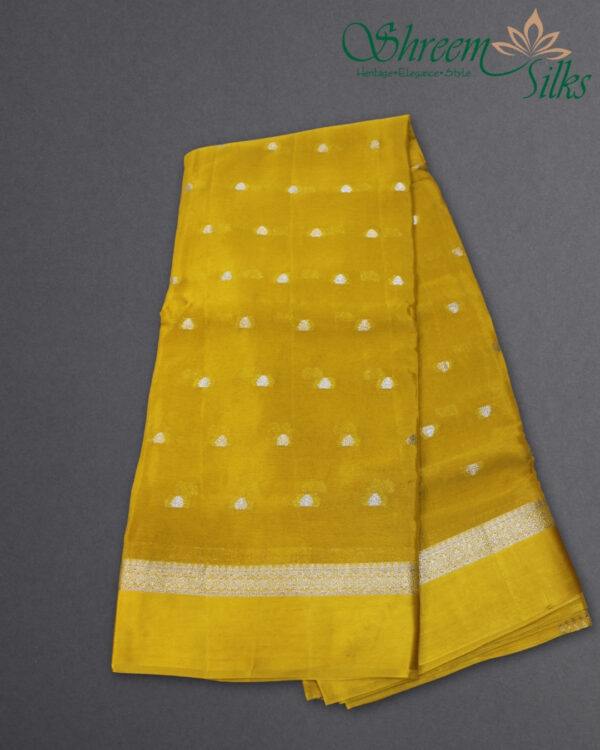 Gold & Silver Zari Woven Buttas with Satin Border Chinnon Crepe Saree - Image 8