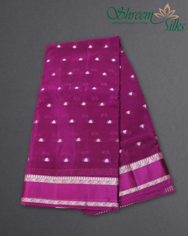 Gold & Silver Zari Woven Buttas with Satin Bentex Border Chinnon Crepe Saree - Image 2