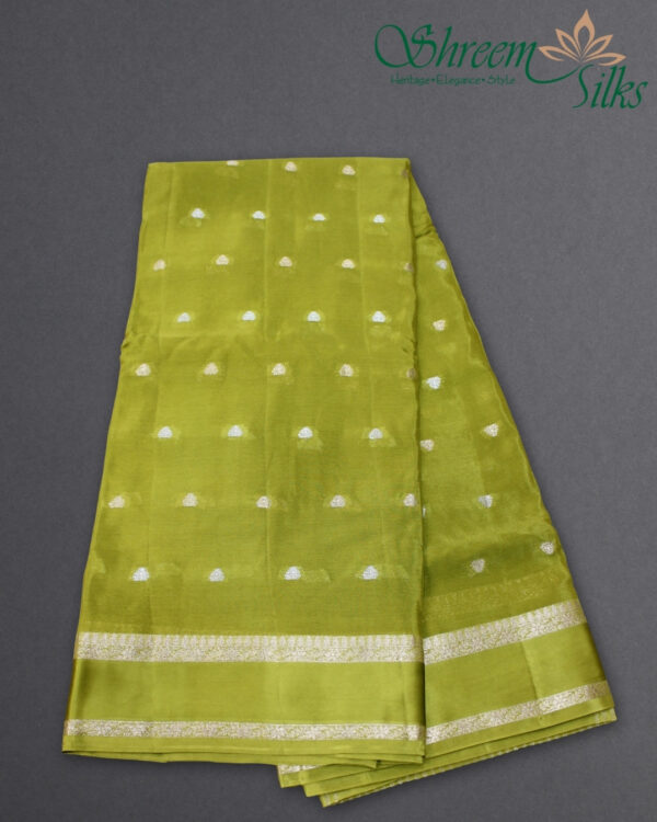 Gold & Silver Zari Woven Buttas with Satin Bentex Border Chinnon Crepe Saree - Image 5