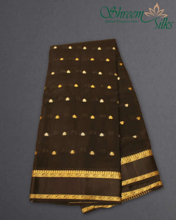 Gold & Silver Zari Woven Buttas with Satin Bentex Border Chinnon Crepe Saree - Image 12