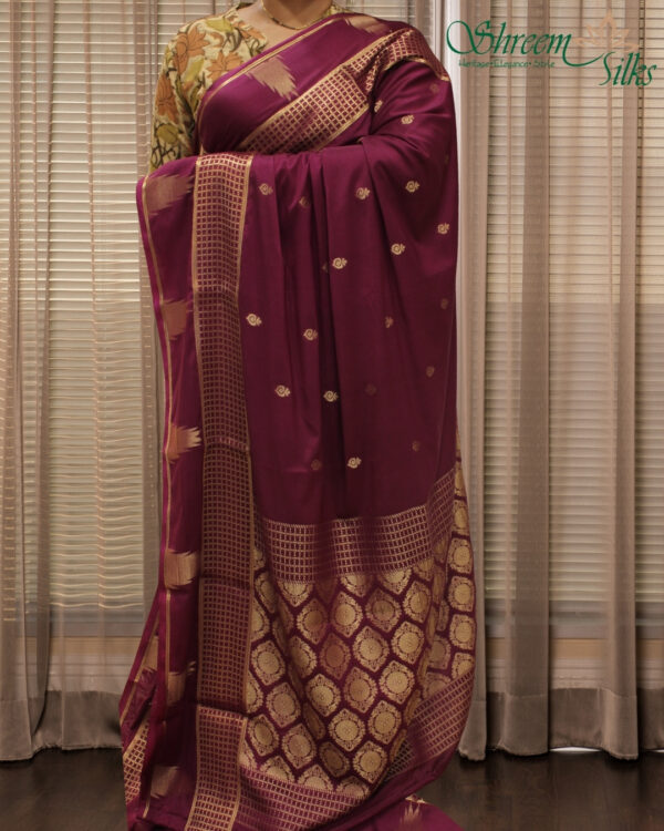 Zari Woven Buttas & Temple Border Crepe Saree - Image 3