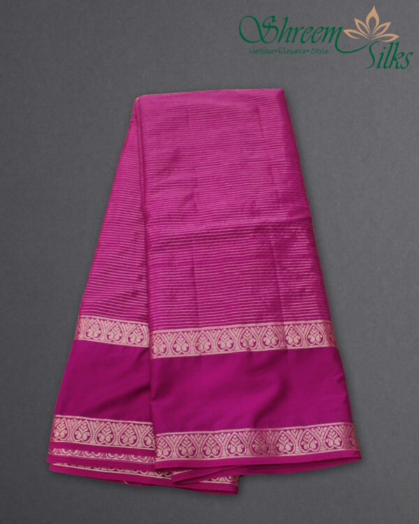 Zari Woven Horizontal Lines with Bentex Border Semi Mysore Crepe Saree - Image 6