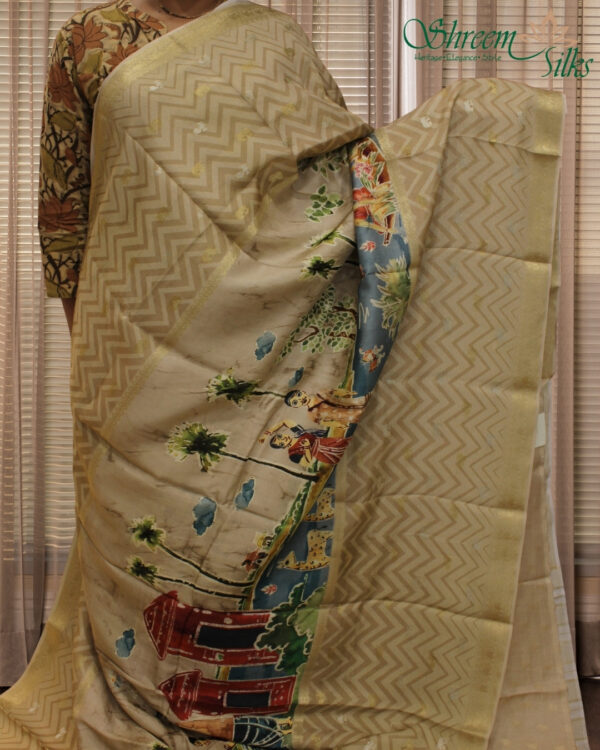Beige with Zari Woven Elephant Motifs with Kalamkari Prints Moonga Crepe Saree