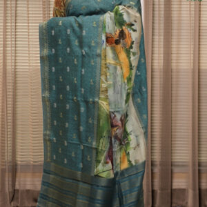 Blue with Zari Woven Elephant Motifs with Kalamkari Prints Moonga Crepe Saree