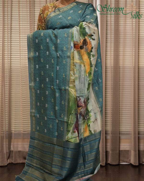 Blue with Zari Woven Elephant Motifs with Kalamkari Prints Moonga Crepe Saree