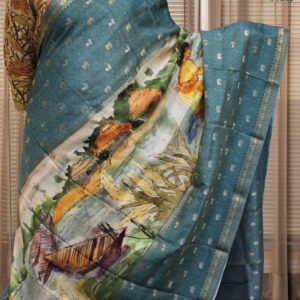 Alternative view of Blue with Zari Woven Elephant Motifs with Kalamkari Prints Moonga Crepe Saree