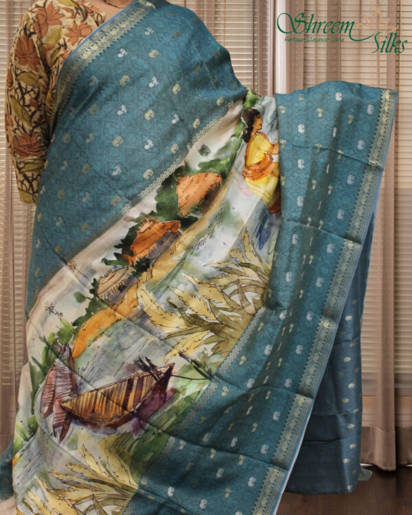 Blue with Zari Woven Elephant Motifs with Kalamkari Prints Moonga Crepe Saree - Image 2