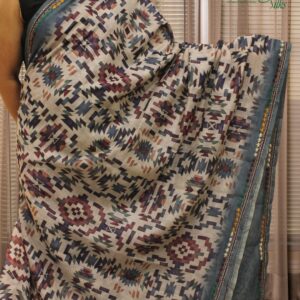 Multi colour Geometric Prints with Katha work Chanderi Saree