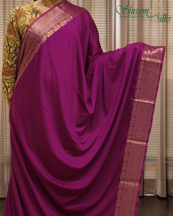 Peacock & Elephant Border Semi Mysore Crepe Saree