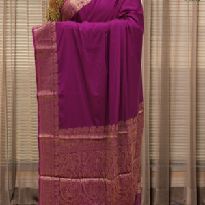 Alternative view of Peacock & Elephant Border Semi Mysore Crepe Saree